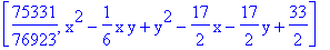 [75331/76923, x^2-1/6*x*y+y^2-17/2*x-17/2*y+33/2]
